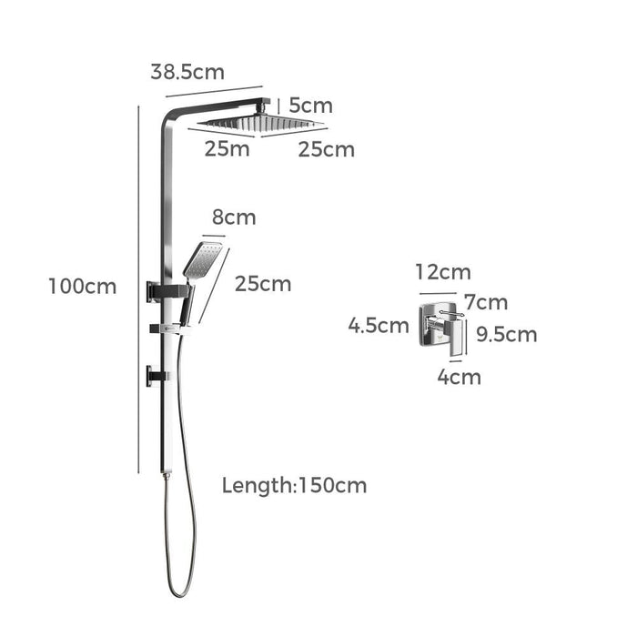Super High Quality Shower Rail Mixer System In Black or Chrome | Square 3 Mode 10" Rain Shower Head & Handheld Shower Rail