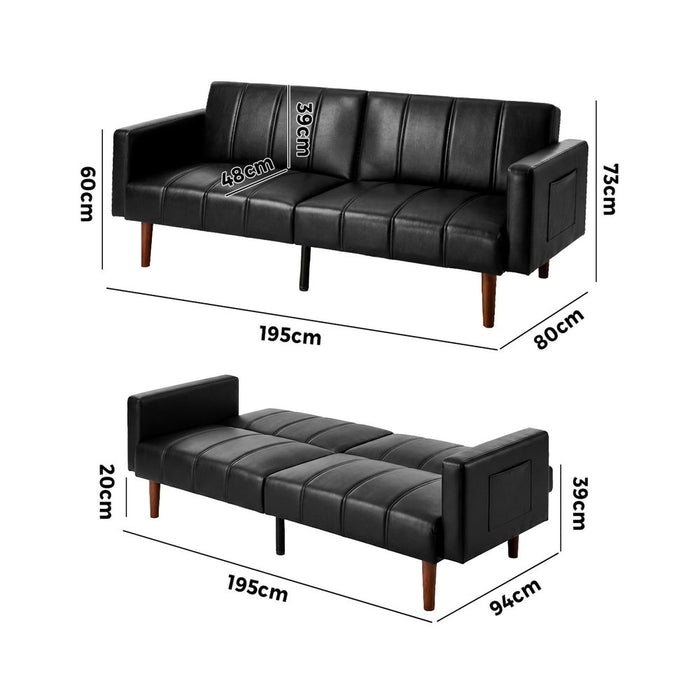 Astore 3 Seater Sofa Couch and Fold Out Futon Bed | 195cm PU Leather Adjustable Luxury Futon Sofa