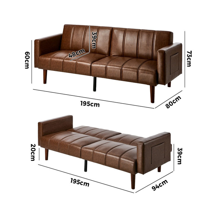 Astore 3 Seater Sofa Couch and Fold Out Futon Bed | 195cm PU Leather Adjustable Luxury Futon Sofa