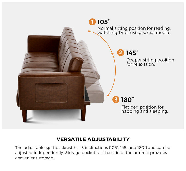 Astore 3 Seater Sofa Couch and Fold Out Futon Bed | 195cm PU Leather Adjustable Luxury Futon Sofa