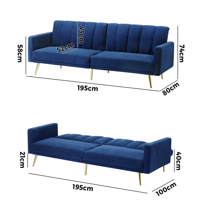 Lucrezia Velvet 3 Seater Sofa Couch and Fold Out Futon Bed | Adjustable Luxury Futon Sofa Couch
