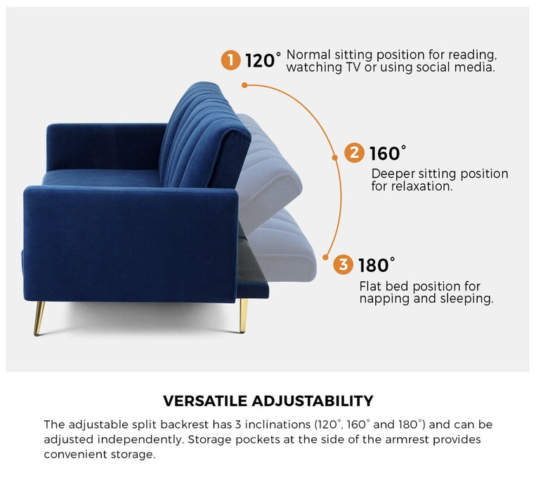 Lucrezia Velvet 3 Seater Sofa Couch and Fold Out Futon Bed | Adjustable Luxury Futon Sofa Couch
