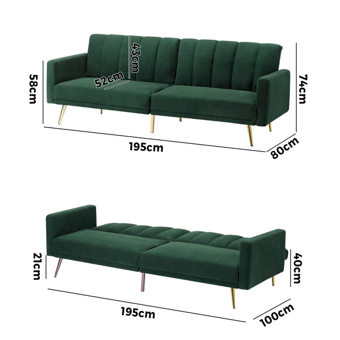 Lucrezia Velvet 3 Seater Sofa Couch and Fold Out Futon Bed | Adjustable Luxury Futon Sofa Couch