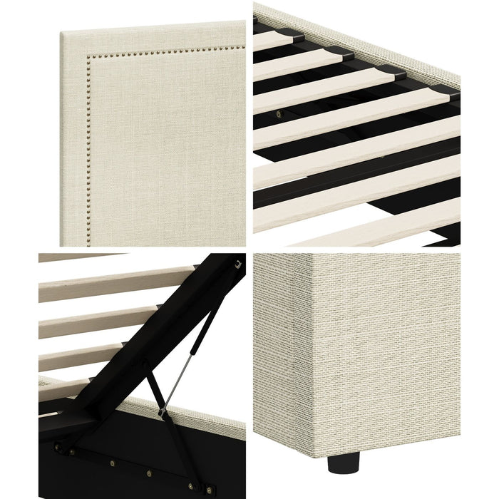 Scandi Luxe Linen Fabric Stud Trim Gas Lift Storage Bed | Premium Upholstered Storage Combo Bed Frame