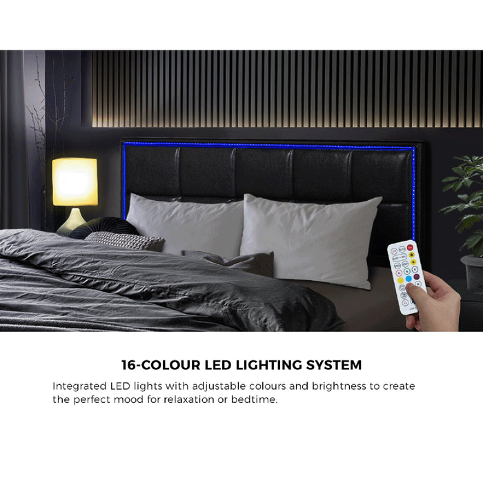 Neom Luxe PU Leather Padded LED Bed Frame | Modern Black PU Leather Gas Lift Storage Bed with LED Lighting