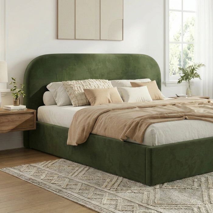 Green Cloud Marshmallow Velvet Touch Gas Lift Bed | Soft Padded Arched Fabric Storage Bed Frame