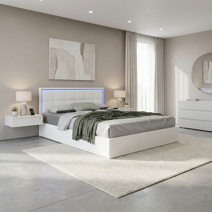 Neom Luxe Teddy Boucle Padded LED Bed Frame | Modern White Boucle Gas Lift Storage Bed with LED Lighting