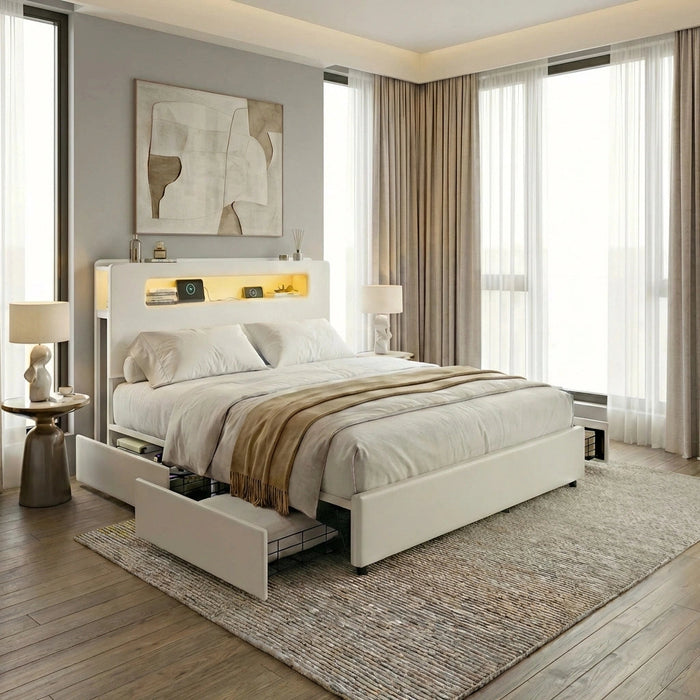 Sannero LED Storage Bed with USB Charging | Metal Frame White Linen Fabric LED Lights Bed Frame