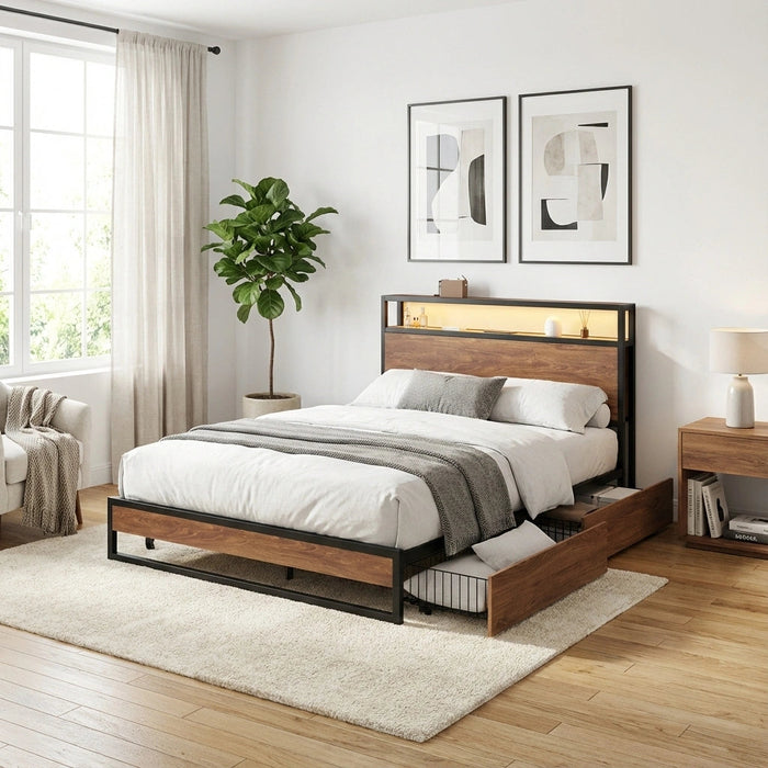 Pazzi Wood Metal LED Lights Storage Bed | Multi Functional Storage LED and USB Charging Bed Frame
