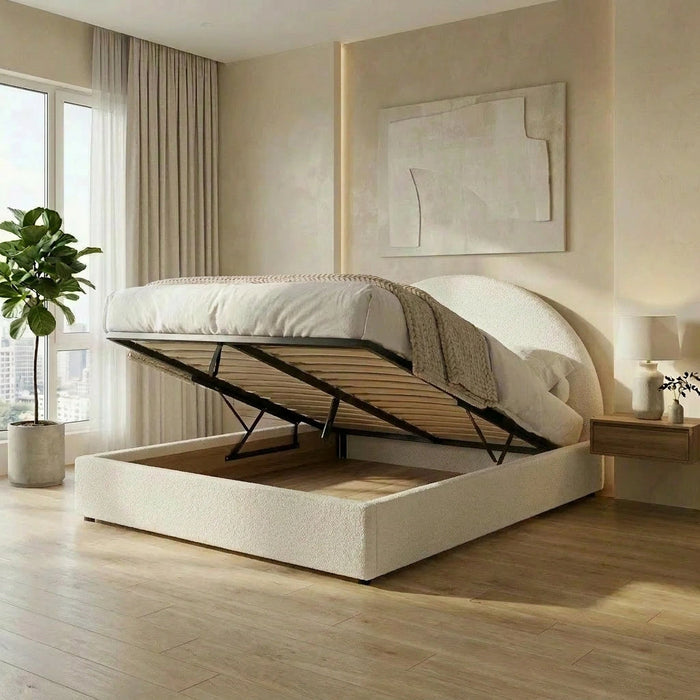 Luna Luxe Soft Boucle Gas Lift Storage Bed | Soft Cushioned Arched Boucle Bed Frame