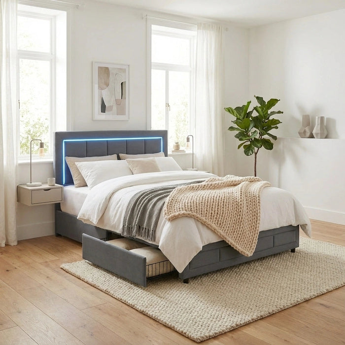 Marlisse 4 Draw Plush Velvet Grey Storage Bed | Adjustable Bedhead LED Lighting Padded Bed Frame
