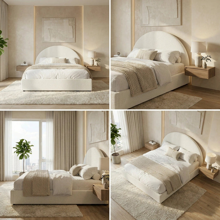 Luna Luxe Soft Boucle Gas Lift Storage Bed | Soft Cushioned Arched Boucle Bed Frame
