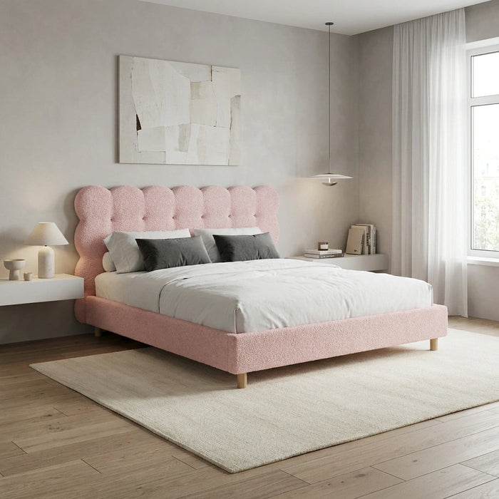 Millie Tuffted Pink Clouds Soft Boucle Fabric Bed | Cushioned Touch Pink Upholstered Boucle Bed Frame