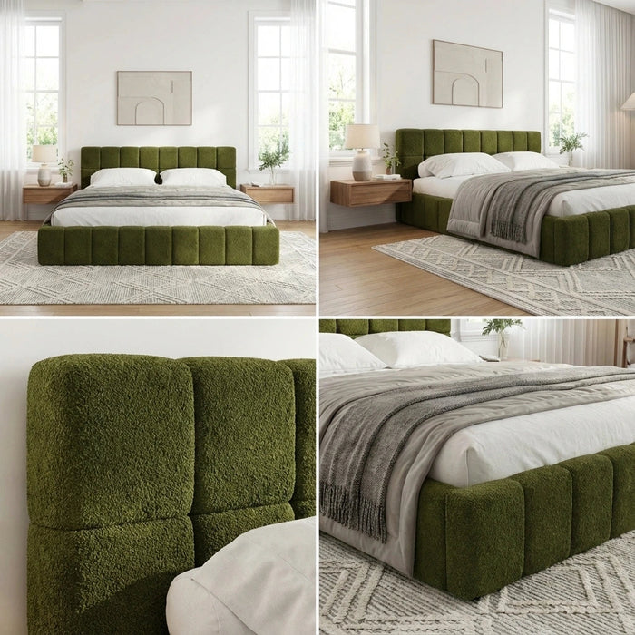 Botelia Green Boucle Low Profile Bed Frame| Luxurious Tufted  Premium Fabric Ground Bed