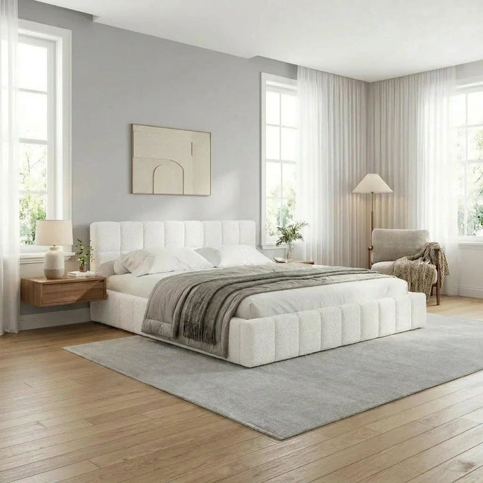 Botelia White Boucle Low Profile Bed Frame| Luxurious Tufted Premium Fabric Ground Bed
