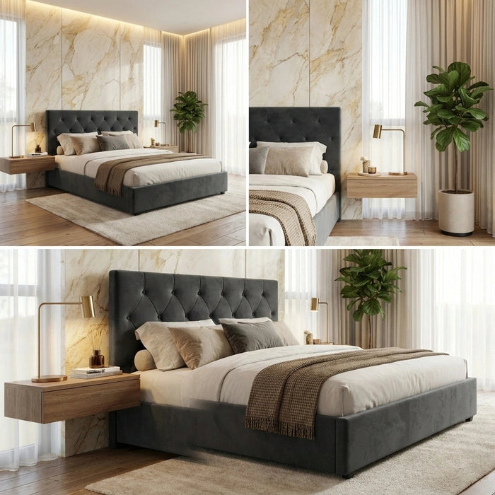 Premium Milano Grey Soft Velvet Fabric Gas Lift Storage Bed | Two In One Bed and Storage Combo Bed Frame