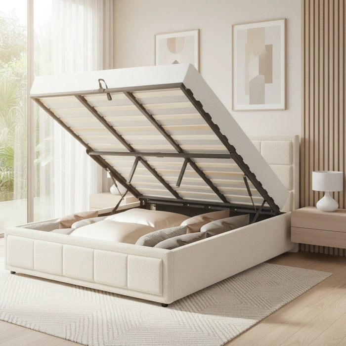 Teddy Milo Boucle Fabric Deluxe Gas Lift Storage Bed Frame  | Embossed Fabric Gas Lift Modern Bed