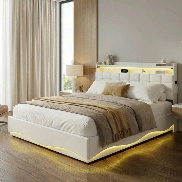 Monterro LED Gas Lift Storage Bed with USB Charging | PU Leather White LED Lights Bed Frame Dual Storage