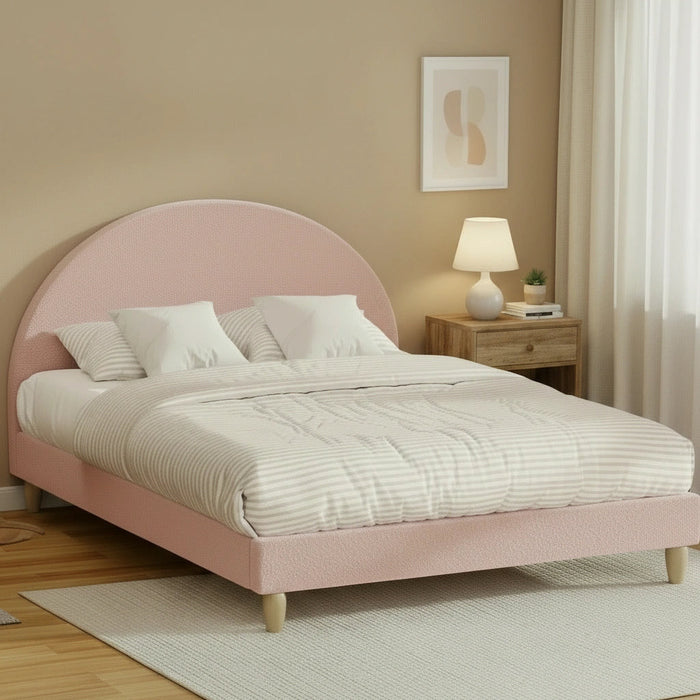 Teddy Soft Boucle Fabric Round Pink Bed | Arched Cushioned Touch Pink Boucle Bed Frame
