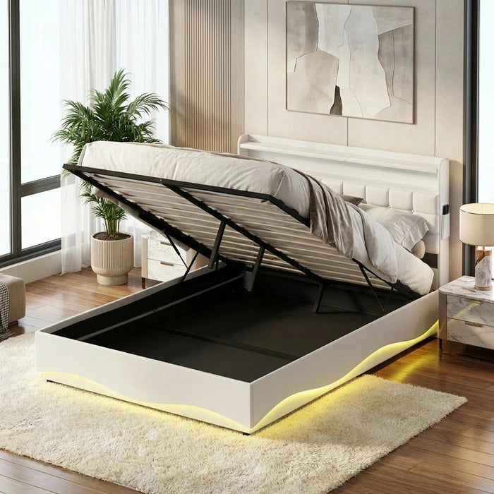 Monterro LED Gas Lift Storage Bed with USB Charging | PU Leather White LED Lights Bed Frame Dual Storage