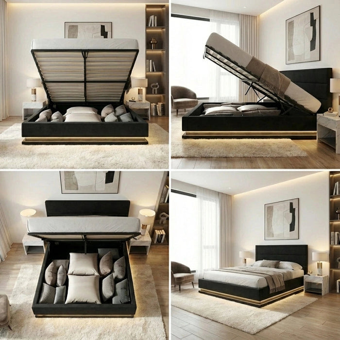 Carlo Supreme PU Leather LED Bed Frame | Black PU Leather Gas Lift Storage Bed