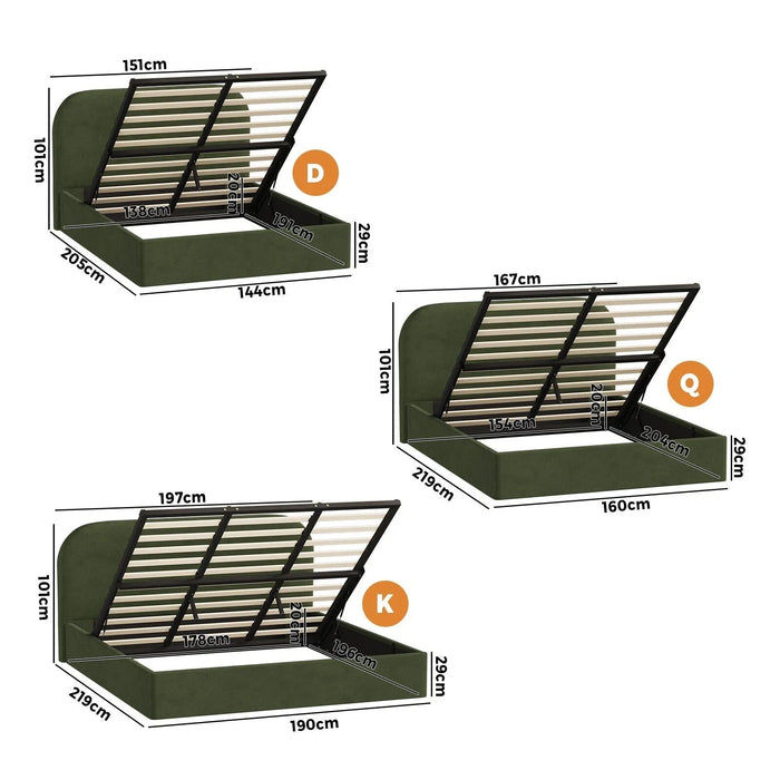 Green Cloud Marshmallow Velvet Touch Gas Lift Bed | Soft Padded Arched Fabric Storage Bed Frame