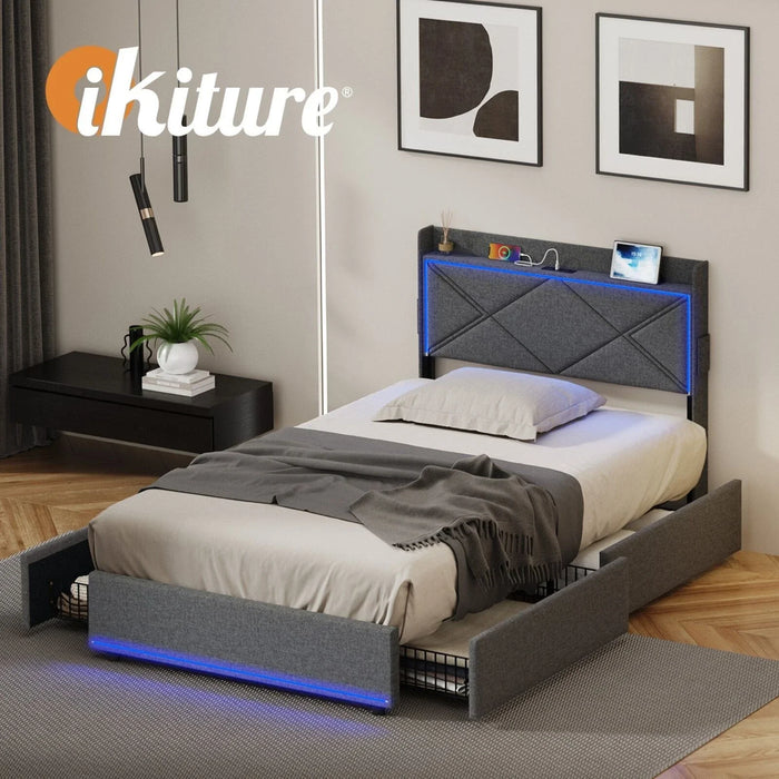 Sierra LED Storage Bed with USB Charging | Grey Fabric Storage LED Lights Bed 4 Draws