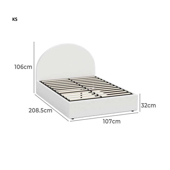 Luna LED White Boucle Gas Lift Storage Bed | Glow Soft Cushioned Arched Boucle Bed Frame