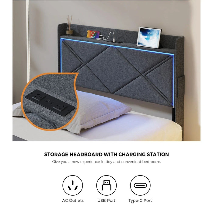 Sierra LED Storage Bed with USB Charging | Grey Fabric Storage LED Lights Bed 4 Draws