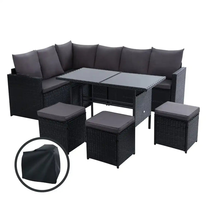 Budva Luxe 9 Piece Outdoor Wicker Furniture Patio Set | Modern Rattan Quality 9pc Sofa Set Outdoor Dining Set