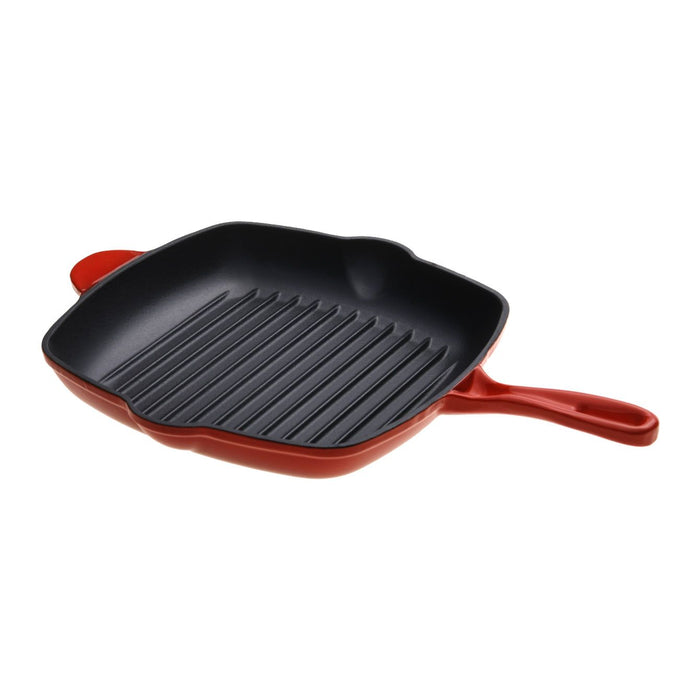 High Quality 28cm Cast Iron Square Grill Pan in Black Cherry Red