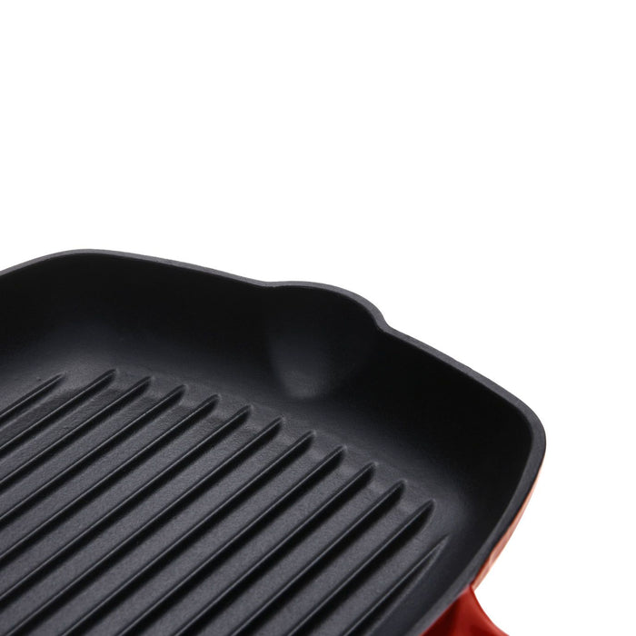 High Quality 28cm Cast Iron Square Grill Pan in Black Cherry Red