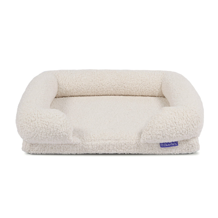 Teddy Fleece Memory Foam Sofa Pet Bed with Bolster - Cream  in 3 Sizes