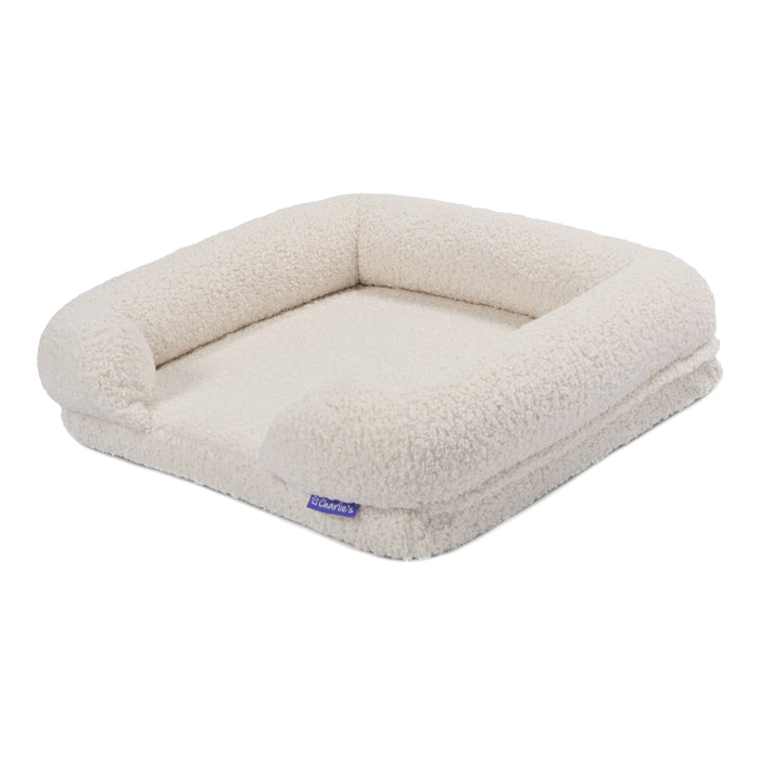Teddy Fleece Memory Foam Sofa Pet Bed with Bolster - Cream  in 3 Sizes
