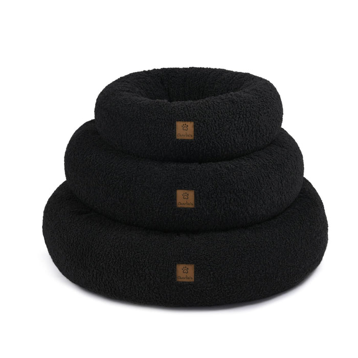 Teddy Fleece Round Donut Pet Bed - Charcoal in 3 Sizes