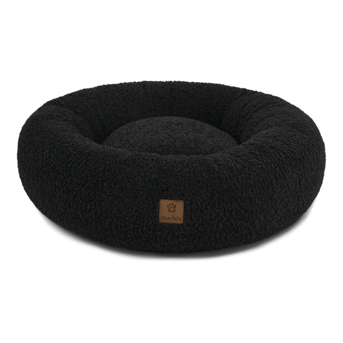 Teddy Fleece Round Donut Pet Bed - Charcoal in 3 Sizes