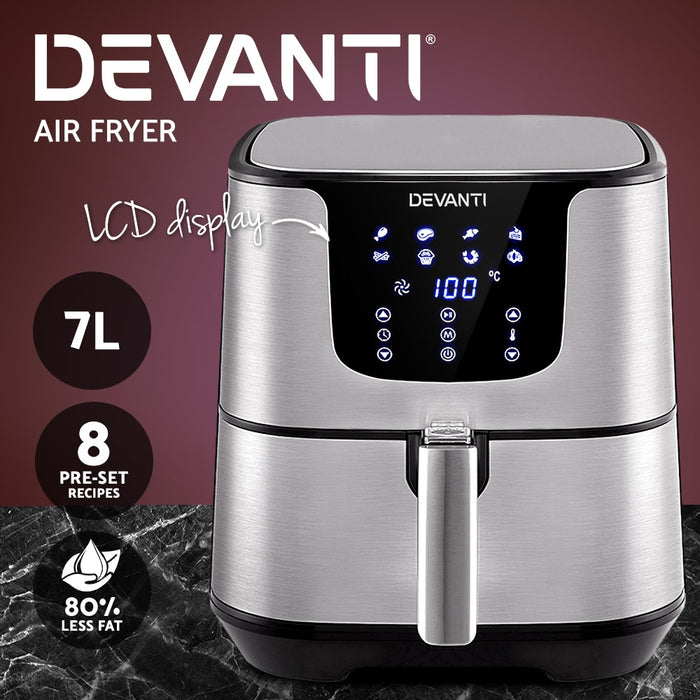 Premum LCD 7L Oil Free Air Fryer | 1700W All In One Bake Grill Toast Cook and Fry Machine - Stainless Steel