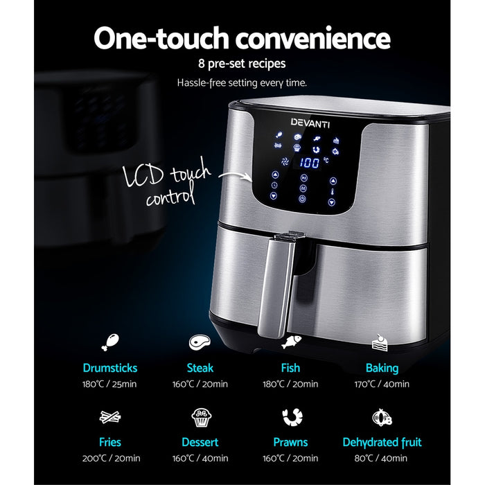 Premum LCD 7L Oil Free Air Fryer | 1700W All In One Bake Grill Toast Cook and Fry Machine - Stainless Steel