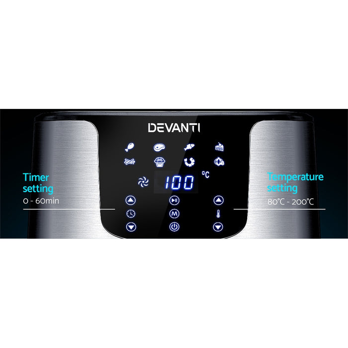 Premum LCD 7L Oil Free Air Fryer | 1700W All In One Bake Grill Toast Cook and Fry Machine - Stainless Steel