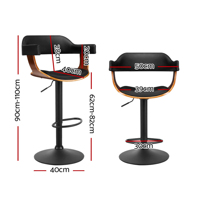 Premium Retro Curved 62cm - 82cm Gas Lift PU Leather Barstool - Black and Wood