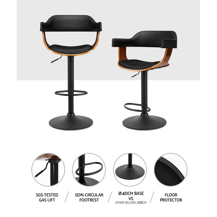 Premium Retro Curved 62cm - 82cm Gas Lift PU Leather Barstool - Black and Wood