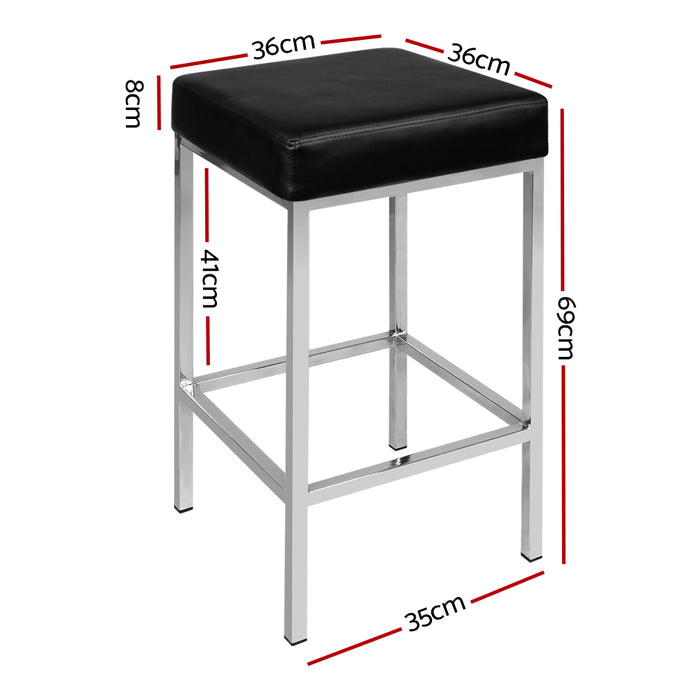 Set of 2 Squareset Modern 69cm PU Leather Barstools in Black and Chrome