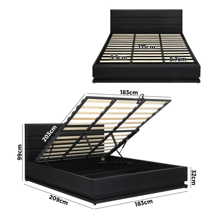 Carlo Supreme PU Leather LED Frame Gas Lift Storage Bed | Black LED Bed Frame | 3 Sizes