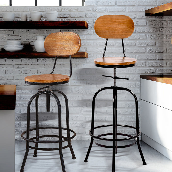 Set of Two Vintege Industrial Bar Stools | Wooden Swivel Kitchen Barstools in Black