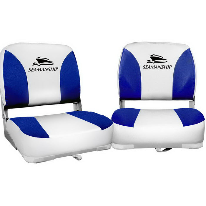 Set of Two Folding Boat Seats Padded Backrest | All Weather Swivels Marine Seats White-Blue
