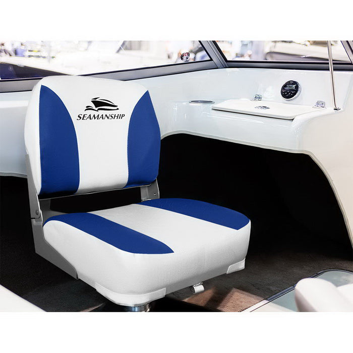 Set of Two Folding Boat Seats Padded Backrest | All Weather Swivels Marine Seats White-Blue