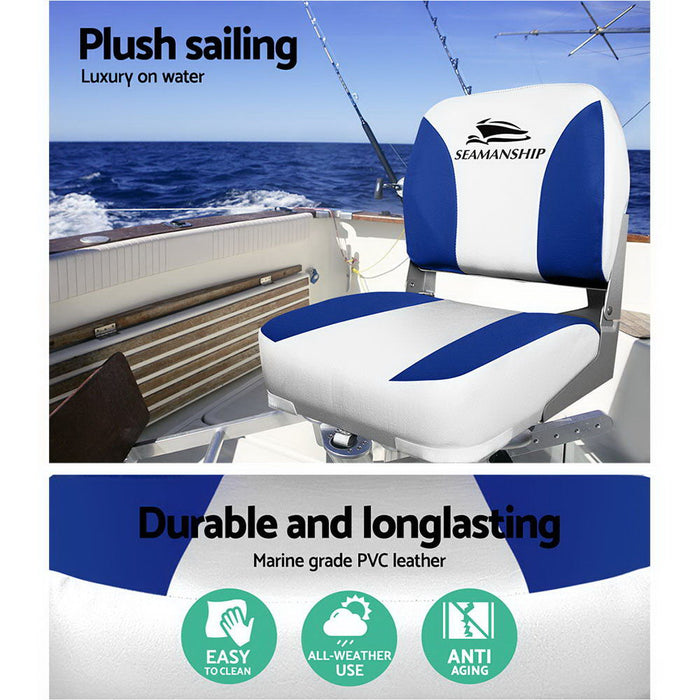 Set of Two Folding Boat Seats Padded Backrest | All Weather Swivels Marine Seats White-Blue