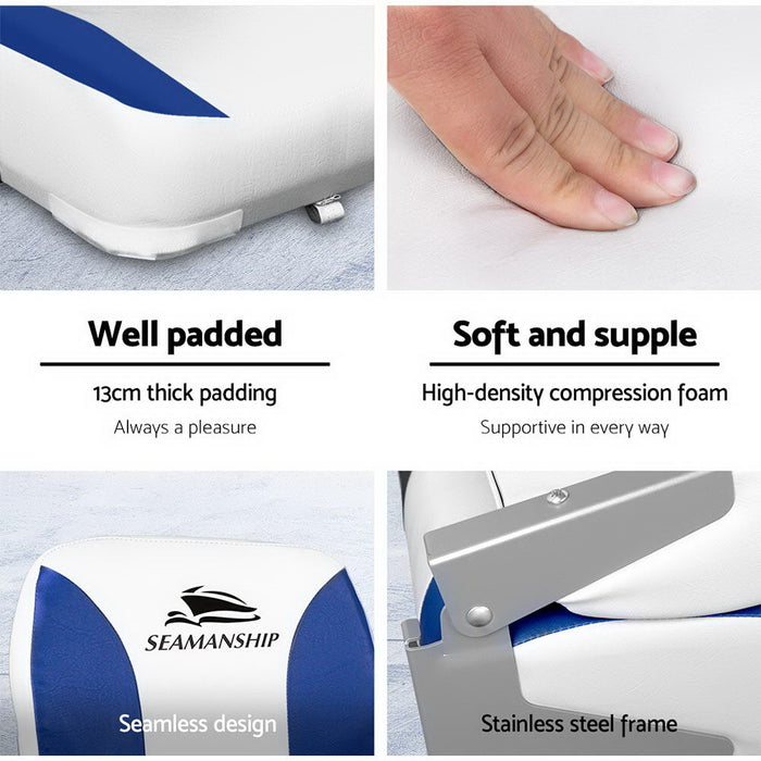 Set of Two Folding Boat Seats Padded Backrest | All Weather Swivels Marine Seats White-Blue