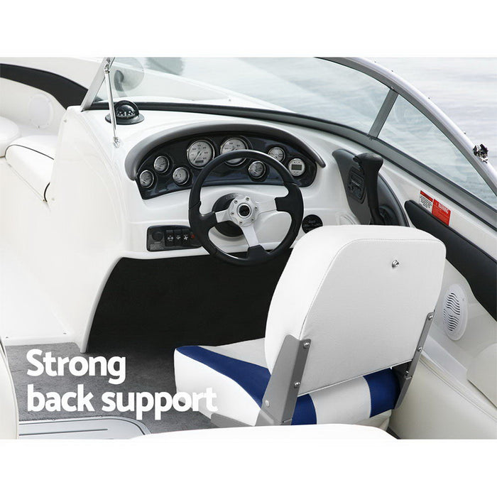 Set of Two Folding Boat Seats Padded Backrest | All Weather Swivels Marine Seats White-Blue