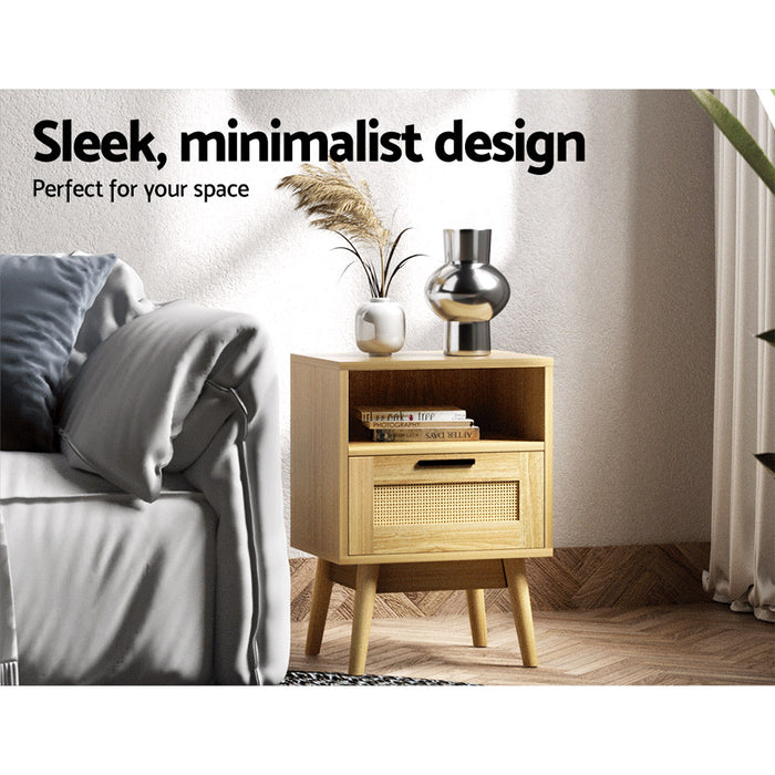 Ira Rattan Wooden Bedside Table | Sleek Nightstand Drawer Lamp Table